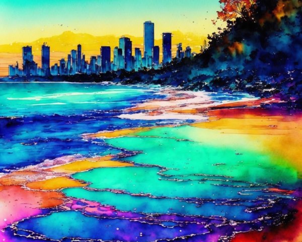 Vibrant Watercolor of Beach and City Skyline at Sunset