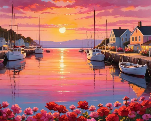 Watercolor Painting of Sunset Harbor Scene