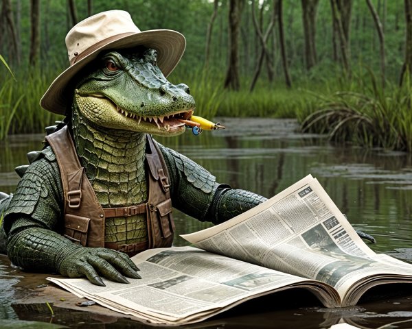 Crocodile in Hat and Vest Reading Newspaper in Swamp