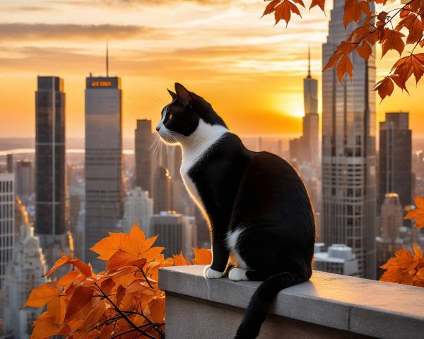 Black and white cat on ledge with city skyline at sunset
