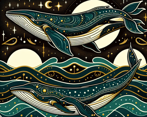Decorative whales in teal and gold with celestial elements