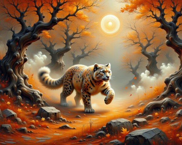 Leopard in an Autumn Forest with Vibrant Foliage