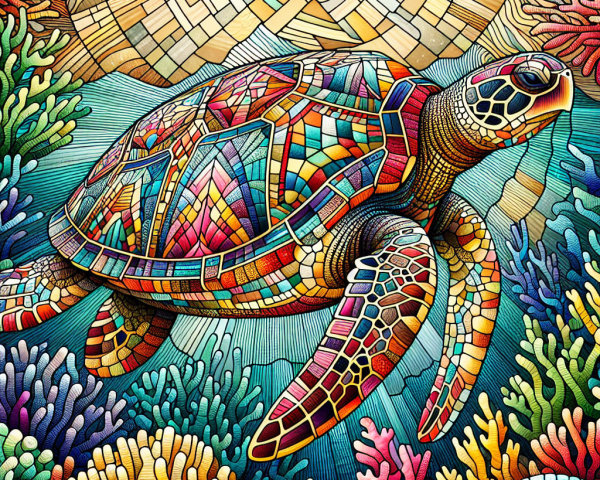 Stained Glass Artwork of Sea Turtle in Coral Reef