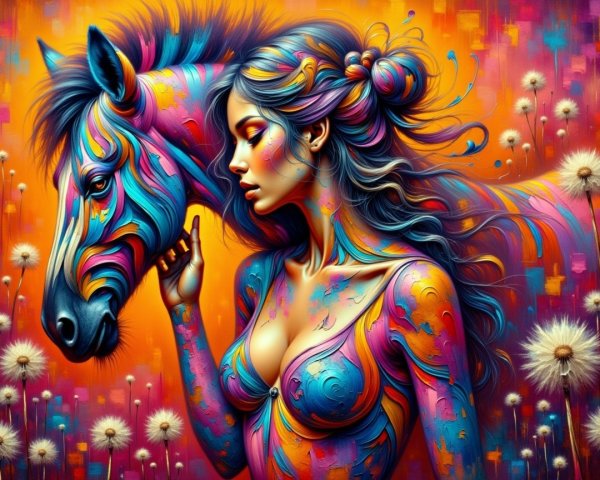 Surreal Artwork of Colorful Woman and Adorned Horse