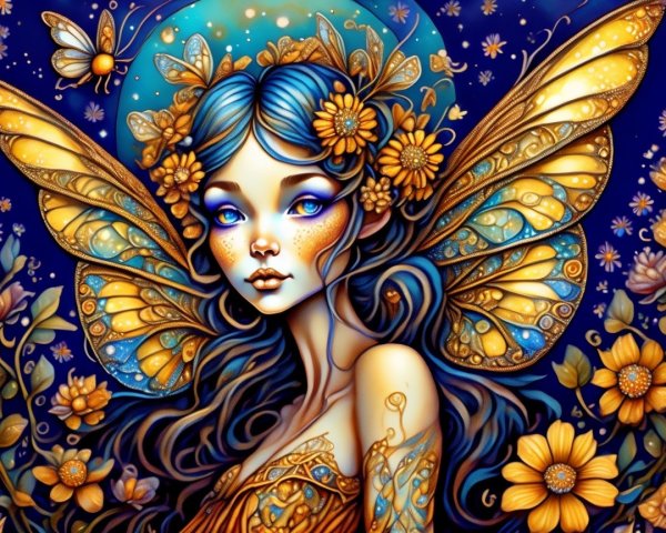 Whimsical Fairy with Blue Hair and Butterfly Wings