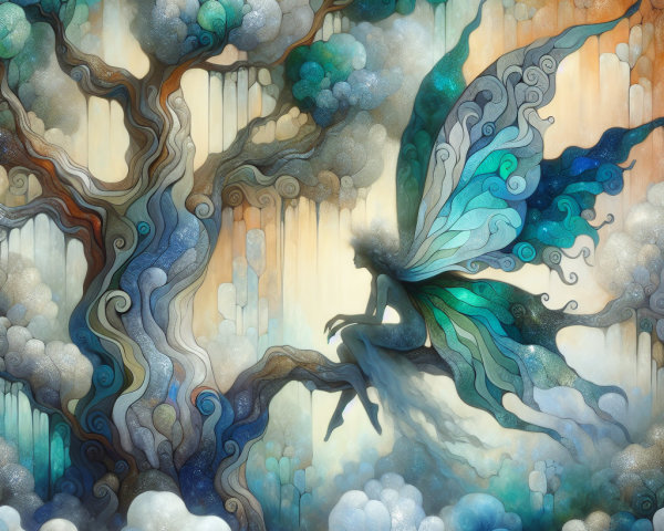 Ethereal Fairy Artwork with Translucent Wings and Tree