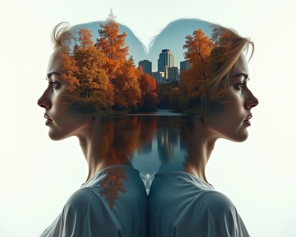 Dual Profile of Woman Merged with Autumn Landscape
