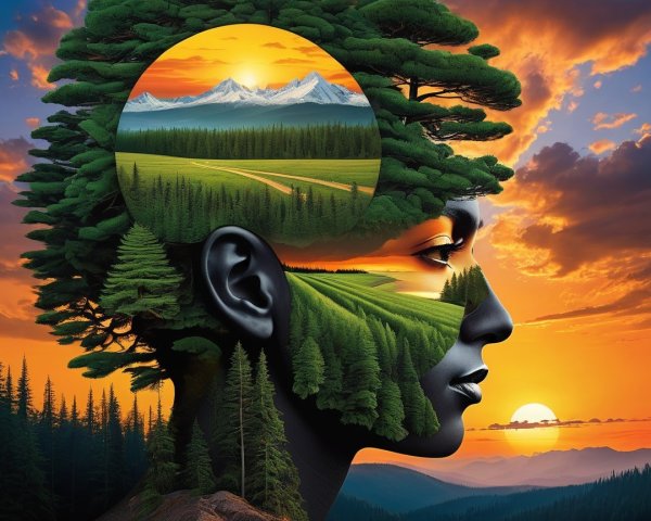 Silhouette of a Woman with Nature Landscape Elements