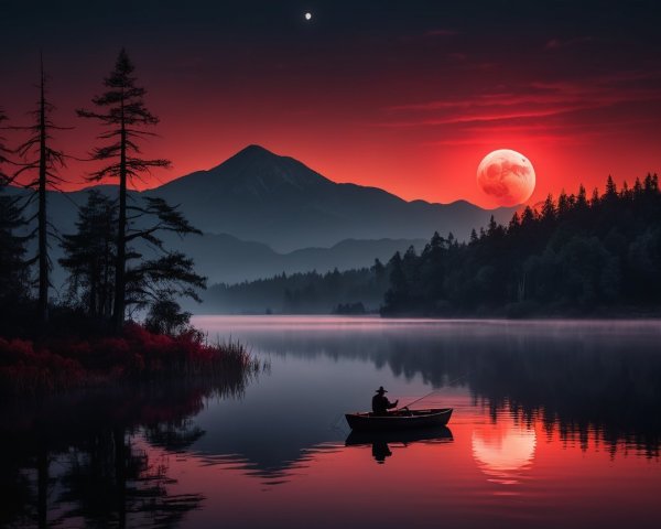 Lakeside Twilight Scene with Fisherman and Red Moon