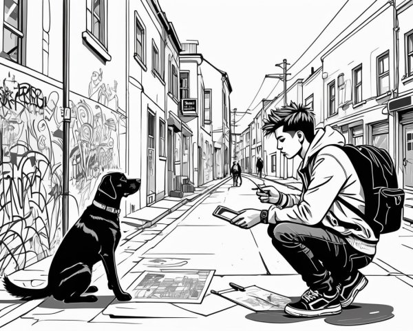 Young Man and Dog in Graffiti-Covered Urban Scene
