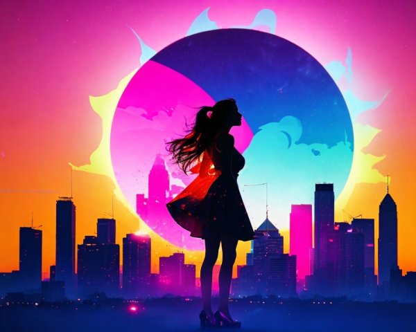 Silhouette of a Woman Against a Vibrant Sunset Skyline