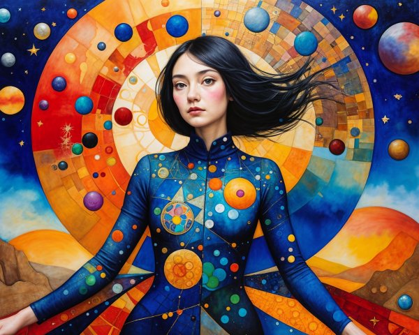 Portrait of a Woman in Cosmic-Themed Dress