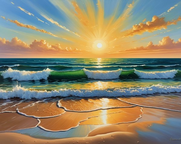 Vibrant Sunset Over the Ocean in Oil Painting