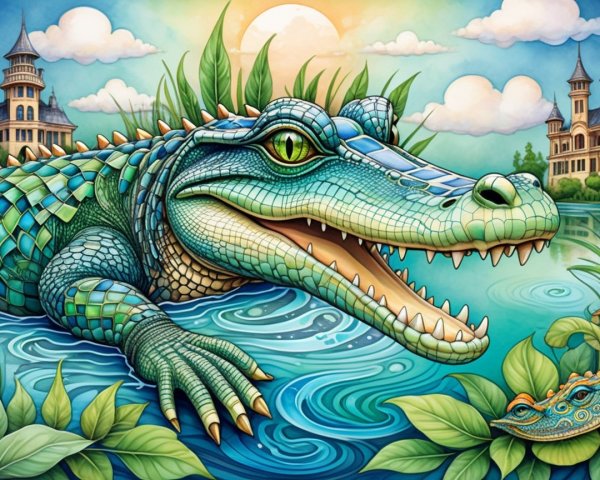 Crocodile in Tranquil Lake with Fantasy Background