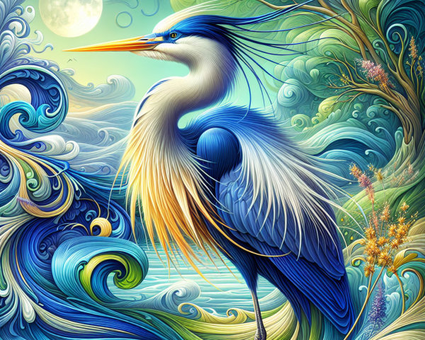 Majestic heron on one leg in serene moonlit scene