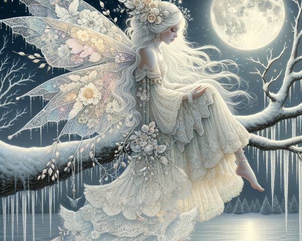 Ethereal Winter Fairy on Snowy Branch at Night