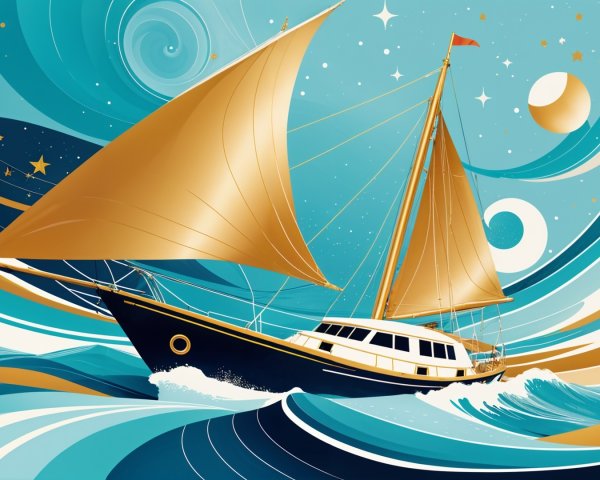 Stylized sailing yacht among vibrant swirling waves