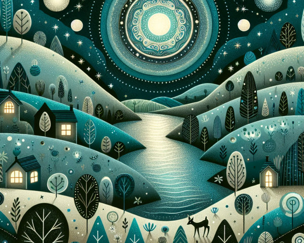 Night Landscape Illustration with Hills and Houses