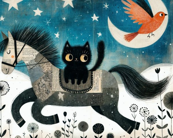 Whimsical Illustration of Cat on Horse in Night Sky