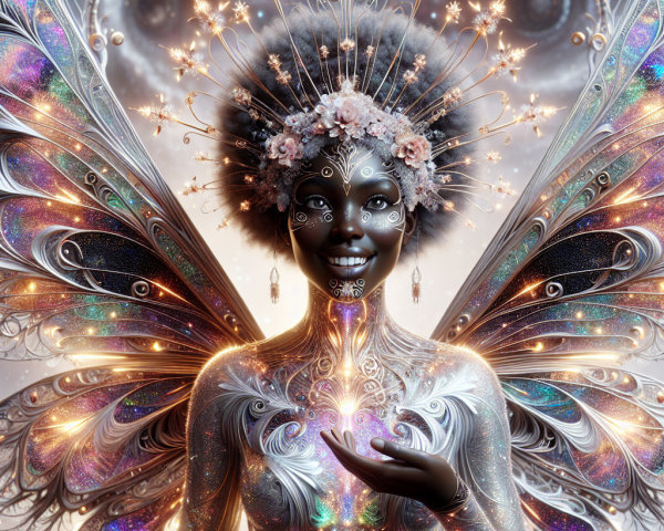 Ethereal Figure with Butterfly Wings and Luminous Orb