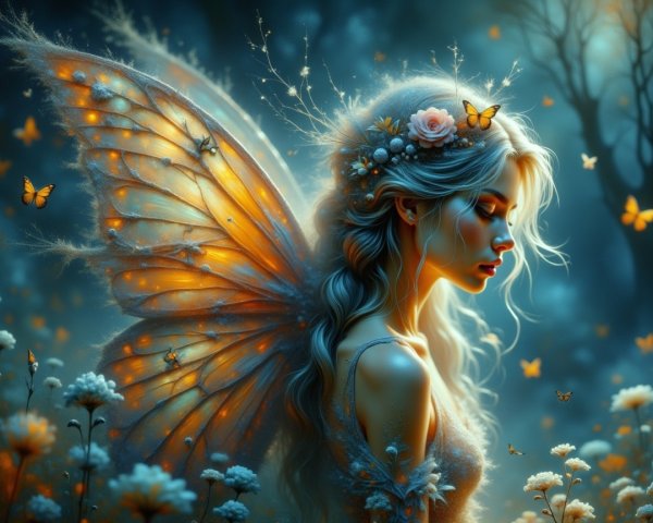 Fairy with Butterfly Wings in Dreamy Landscape