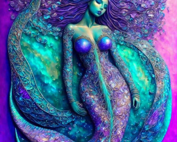 Mermaid with Purple and Turquoise Hair in Underwater Scene