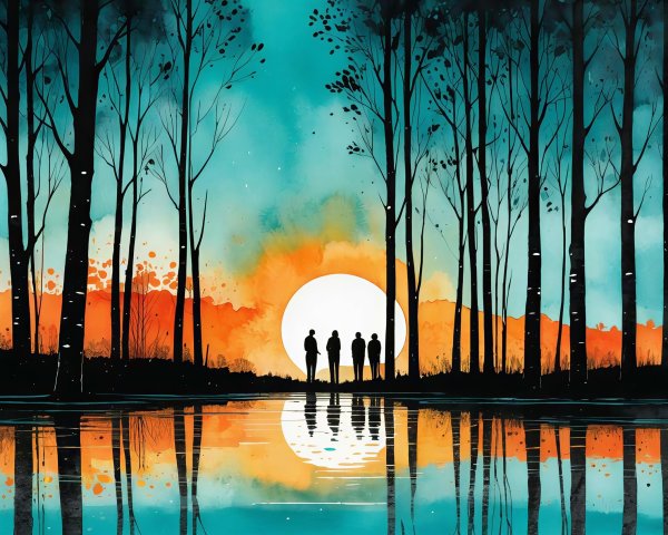 Silhouetted Figures by Water at Sunset in Watercolor