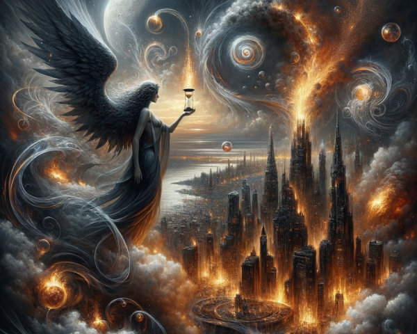 Winged Female Figure Over Futuristic Cityscape
