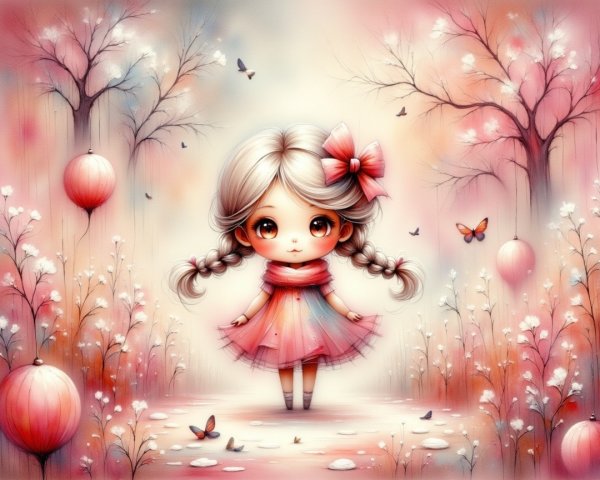 Whimsical Scene of a Girl in a Dreamy Landscape