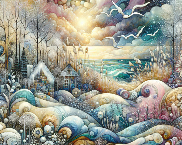 Whimsical Winter Landscape with Cottage and Sea