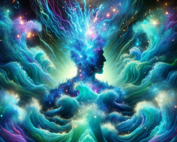 Silhouette Amid Cosmic Waves and Colorful Energy