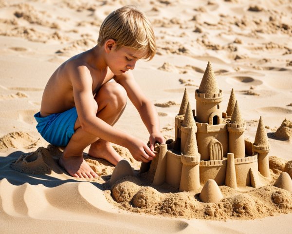 Young Boy Building Sandcastle on the Beach