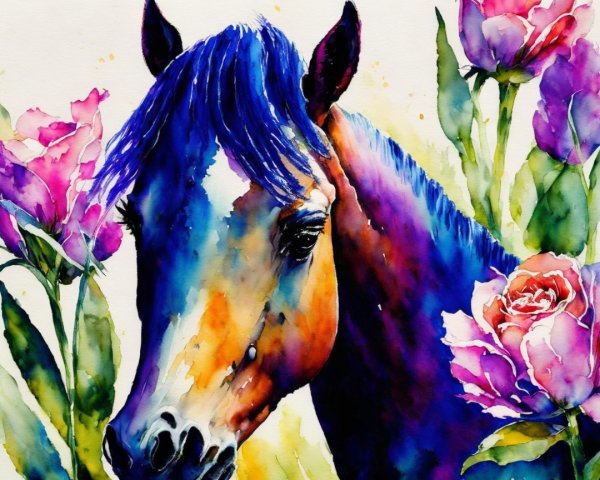 Vibrant Watercolor of Horse and Pink Roses