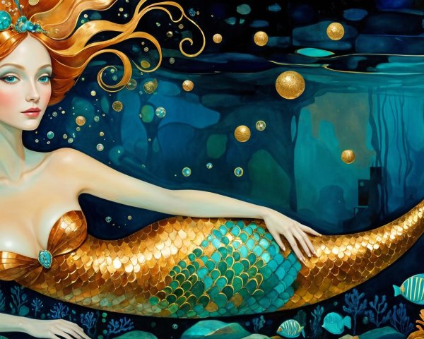 Underwater Scene with Mermaid and Marine Life