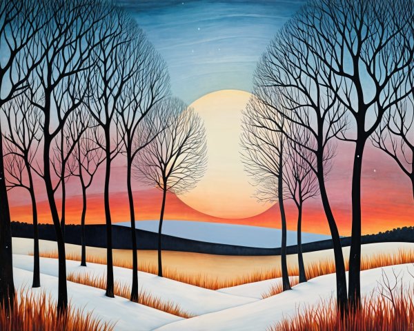 Tranquil Winter Scene with Vivid Sunset and Silhouettes