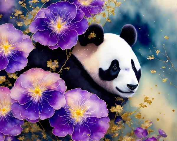 Whimsical Panda Among Vibrant Purple Flowers Illustration
