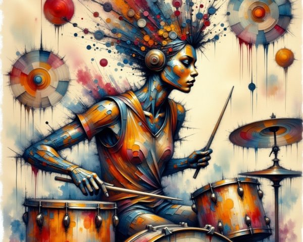 Stylized Robotic Drummer with Vibrant Colors and Motifs