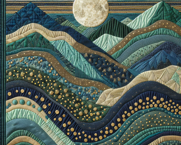Vibrant Quilt Artwork of Mountains Under Full Moon