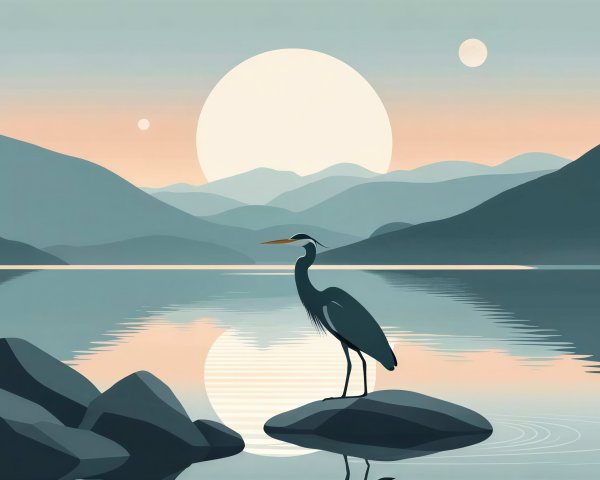 Digital painting of a heron by a lake at sunset
