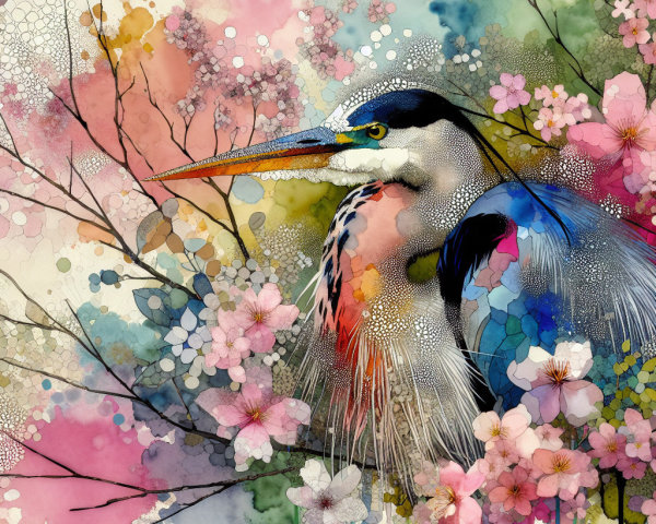 Watercolor Illustration of Heron Among Cherry Blossoms