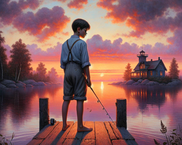 Boy Fishing at Sunset on a Calm Lake Pier