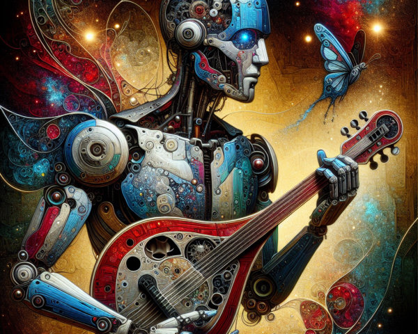 Steampunk Robot Playing Lute with Galaxy Background