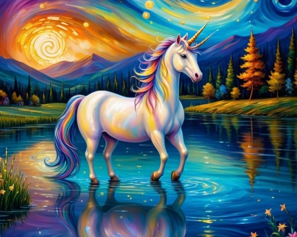 Unicorn in a Colorful Lake Surrounded by Nature