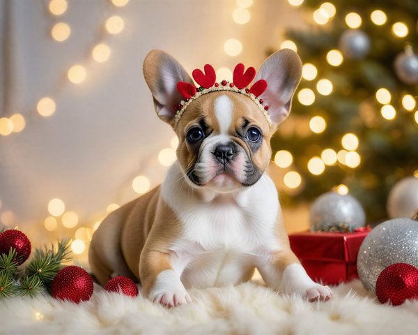 Christmas Bulldog Puppy on White Rug with Decorations