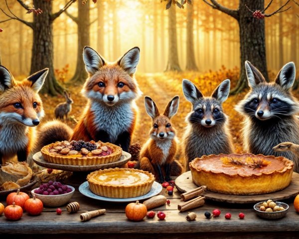 Woodland Animals Enjoy Autumn Feast in Forest Setting