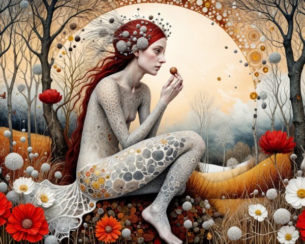 Serene Figure with Red Hair in Enchanting Landscape