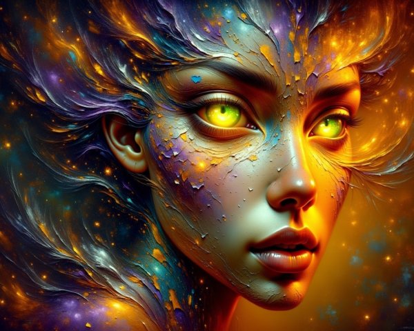 Portrait of a female figure with vibrant, glowing eyes