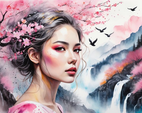 Young Woman with Cherry Blossoms and Waterfalls