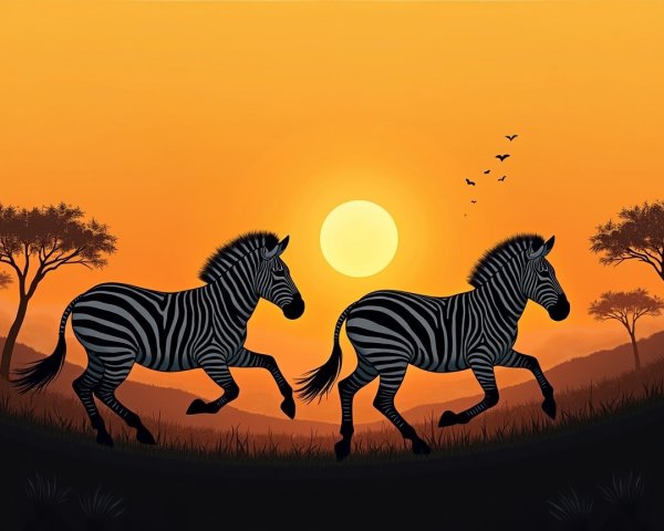 Zebras Galloping at Sunset in Grassy Landscape