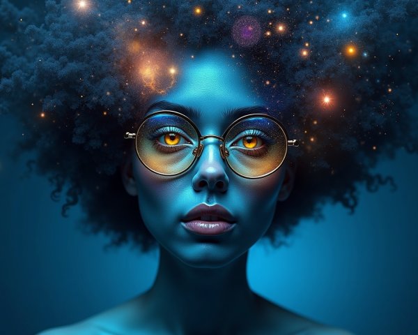 Portrait of a woman with blue complexion and galaxy hair